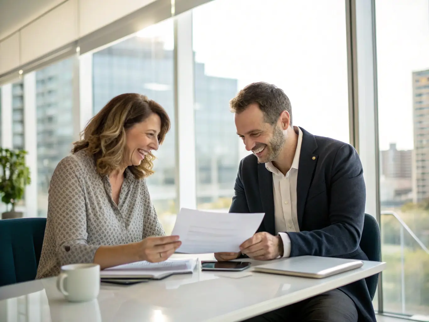 A consultant and a client in a one-on-one strategy session, discussing career goals and strategies in a modern office setting.