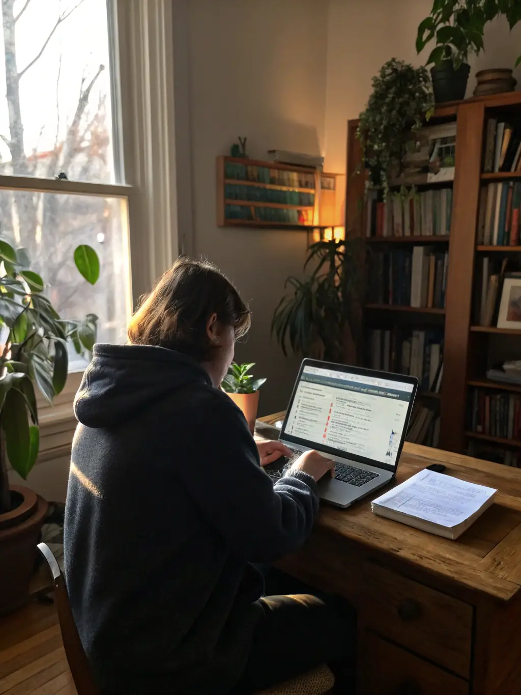 A person is sitting in front of a computer, looking puzzled while trying to troubleshoot a software issue. The scene is set in a home office environment.