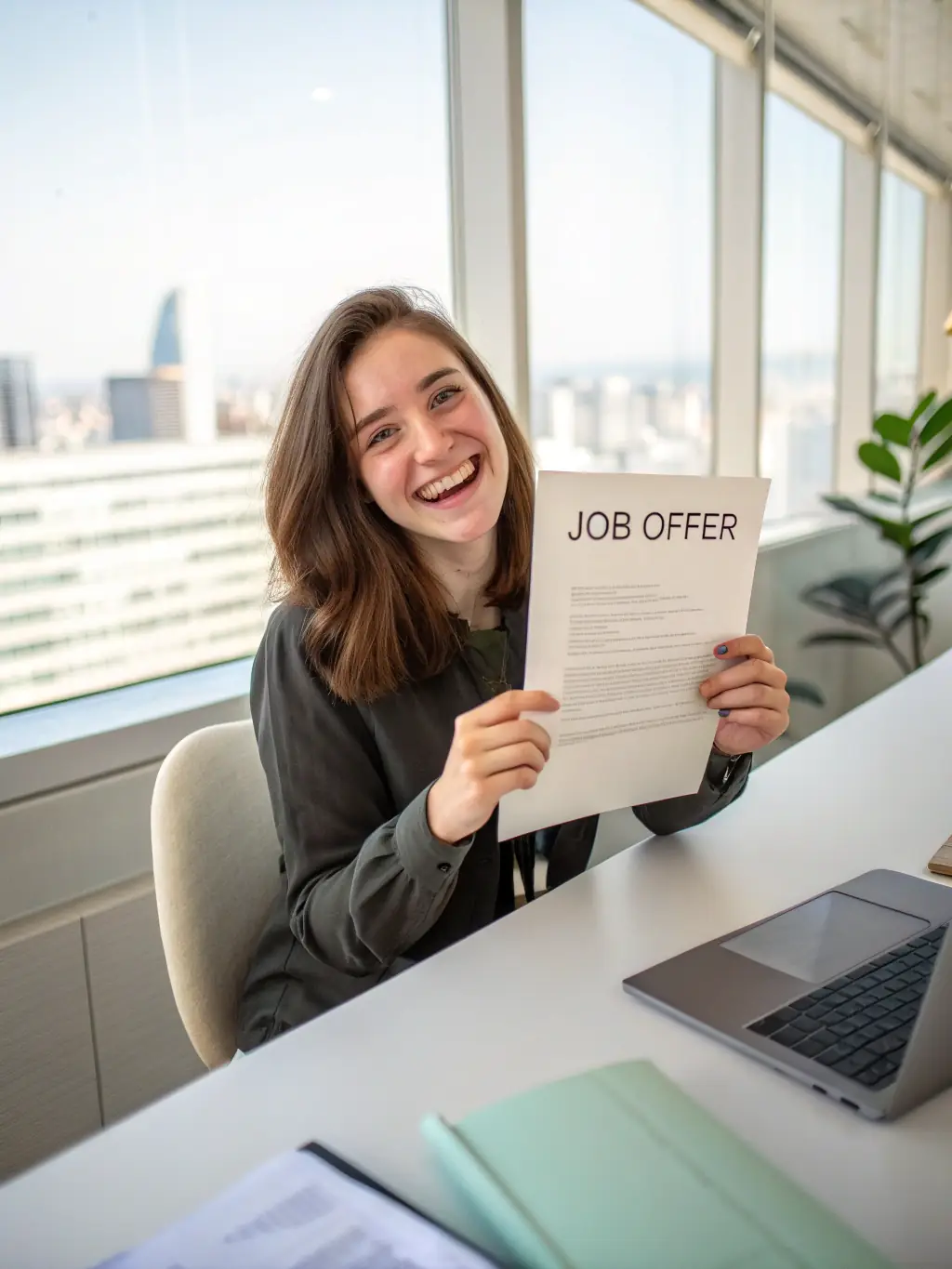 A graduate of the accelerator program receiving a job offer, celebrating their success with a career consultant, symbolizing the ultimate outcome of the program.