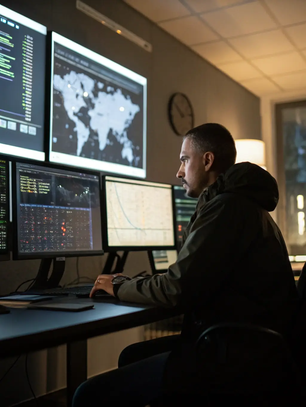 A cybersecurity analyst working at a SOC, analyzing threat data on multiple monitors, highlighting the real-world application of skills.