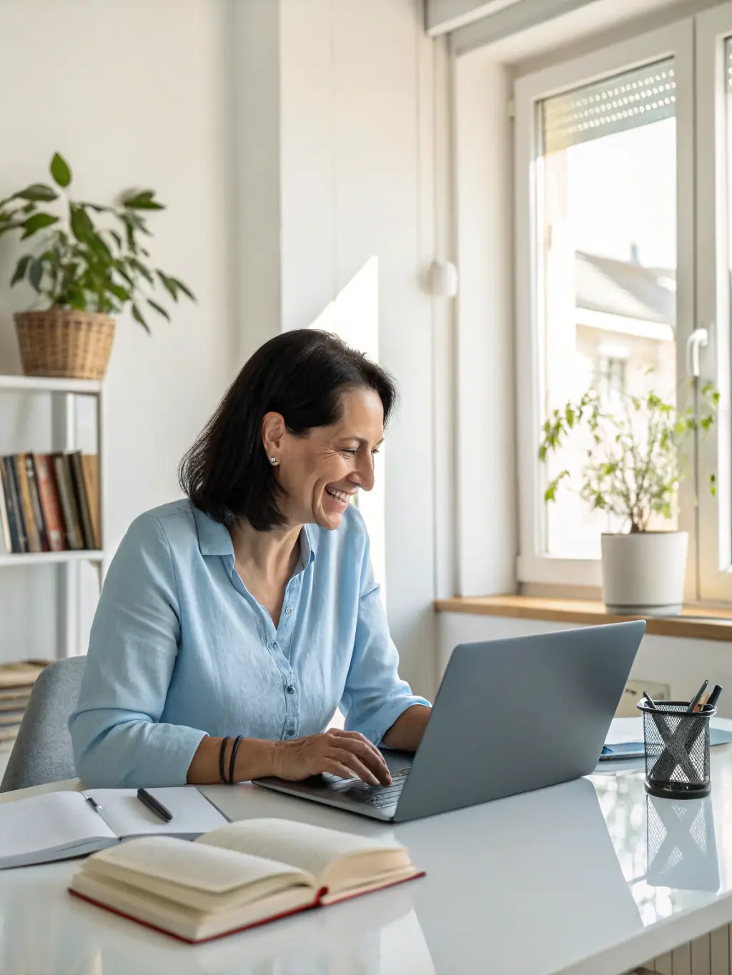 A person working on a resume on a laptop, with icons representing skills and experience floating around, symbolizing resume enhancement.