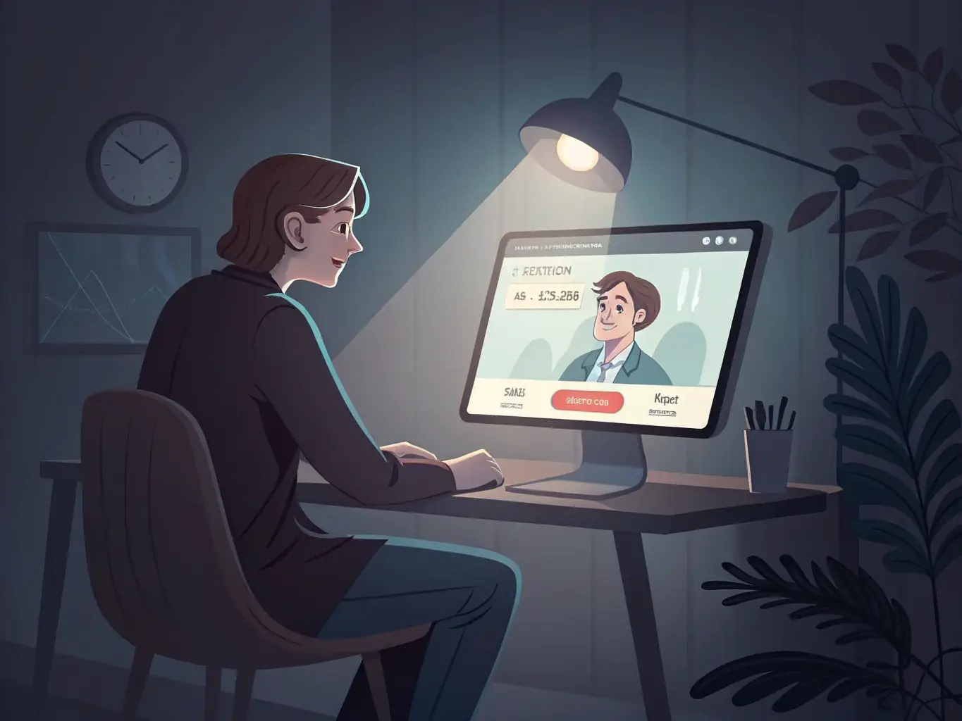 A digital illustration showing a person confidently participating in a mock interview, highlighting the interview preparation phase of the accelerator program.