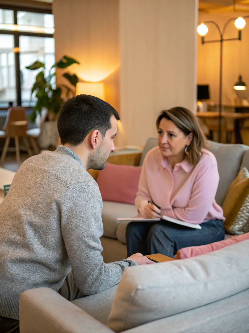 Two people engaged in a mock interview setting, one acting as the interviewer and the other as the interviewee, in a modern office environment.