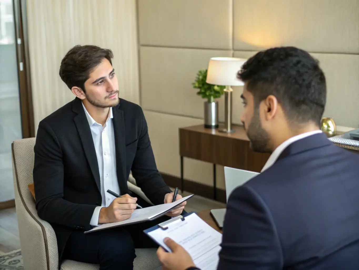 A person confidently answering interview questions in a mock interview session, with a consultant providing feedback and guidance.