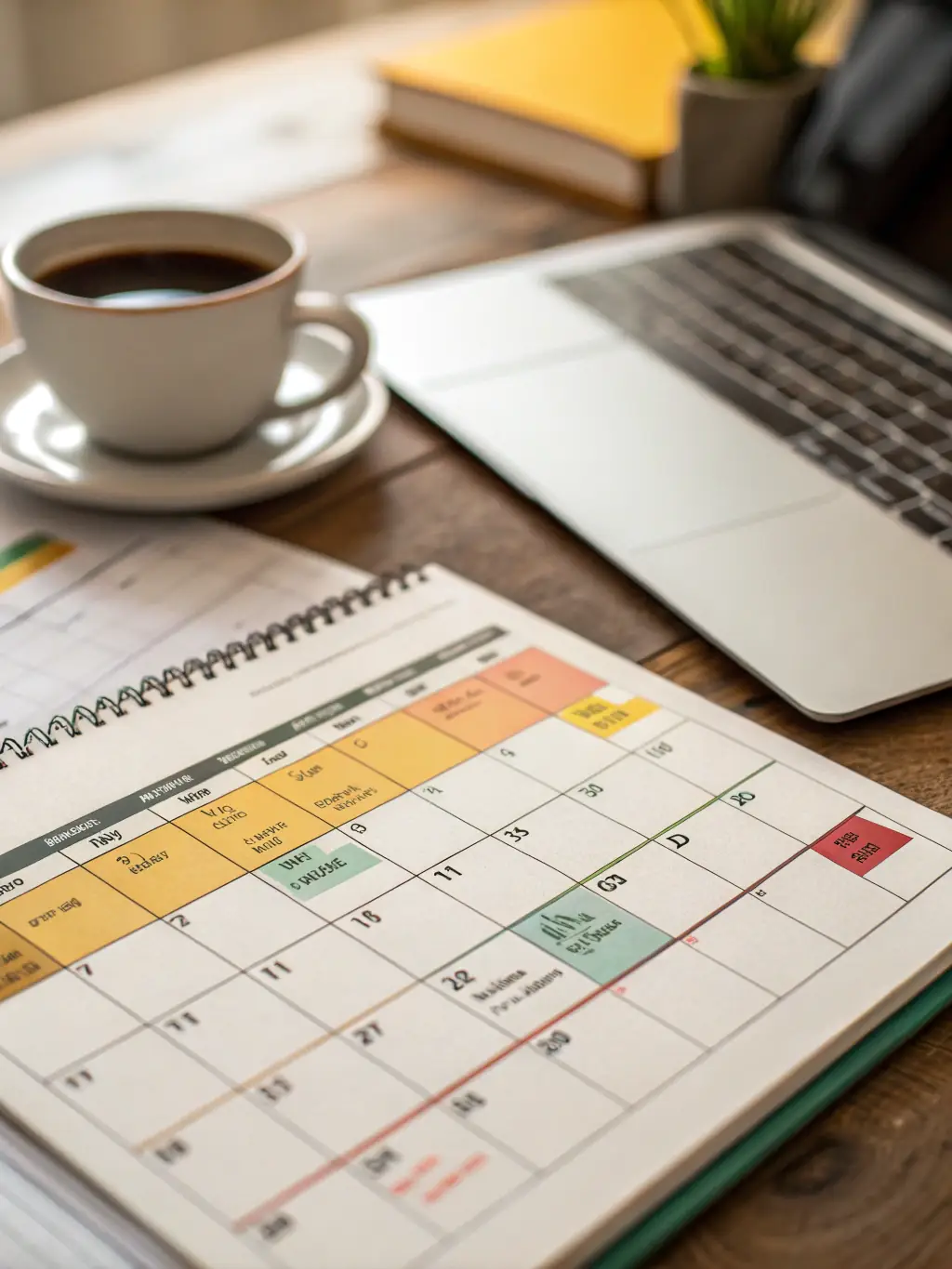 A calendar with several days marked, a clock, and a book are arranged on a desk, symbolizing time commitment and study.
