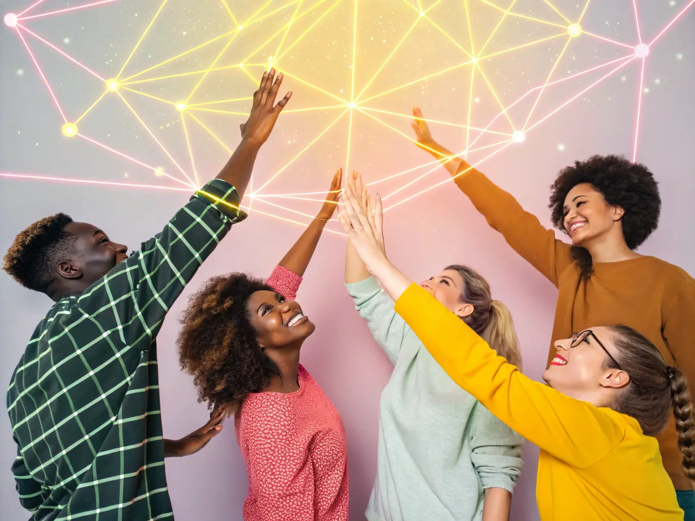 A digital illustration of a diverse group of people connected by lines, forming a network, with speech bubbles indicating communication and collaboration.