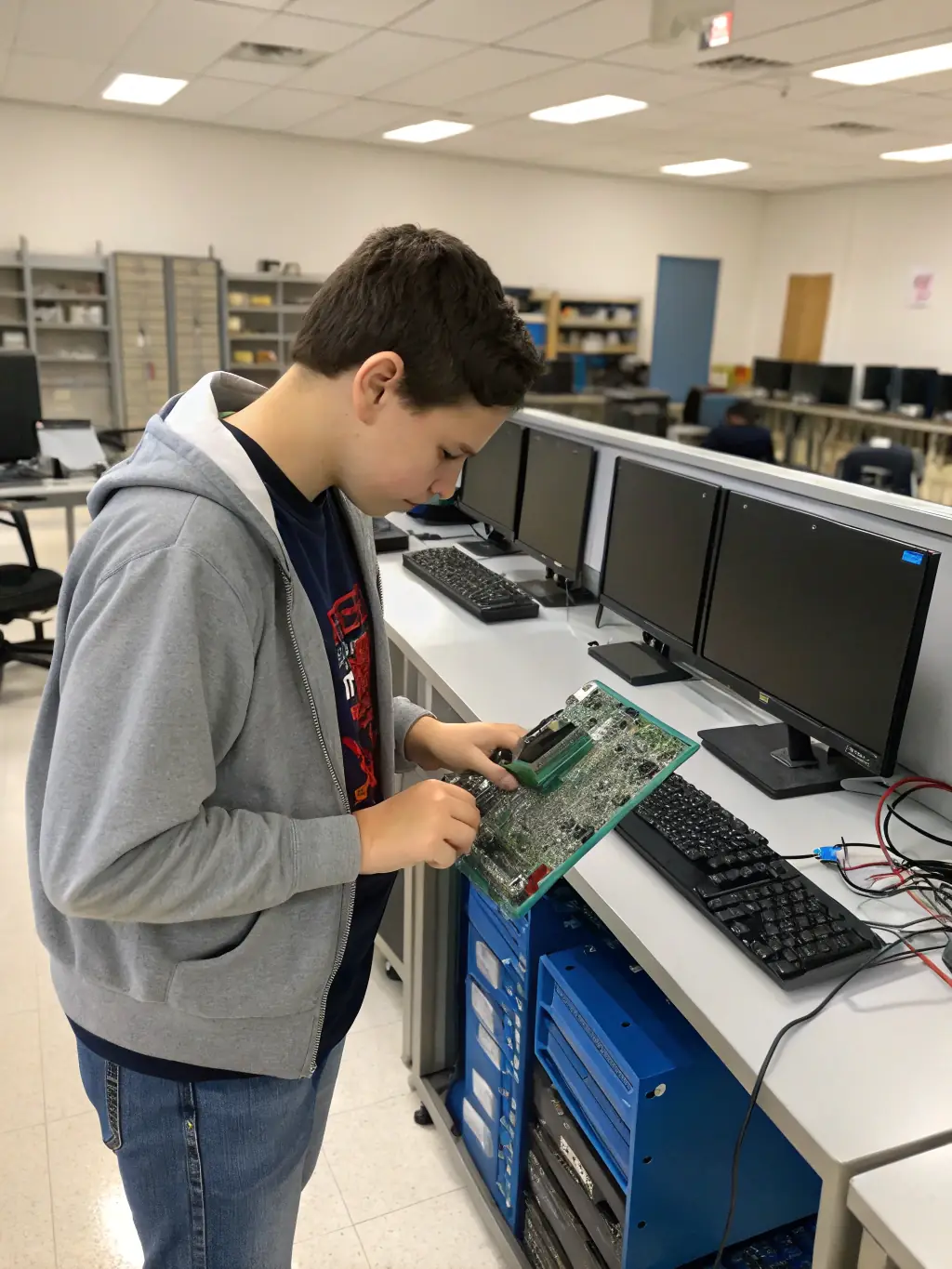 A student successfully configuring a network switch in a well-equipped IT lab, showcasing hands-on learning.