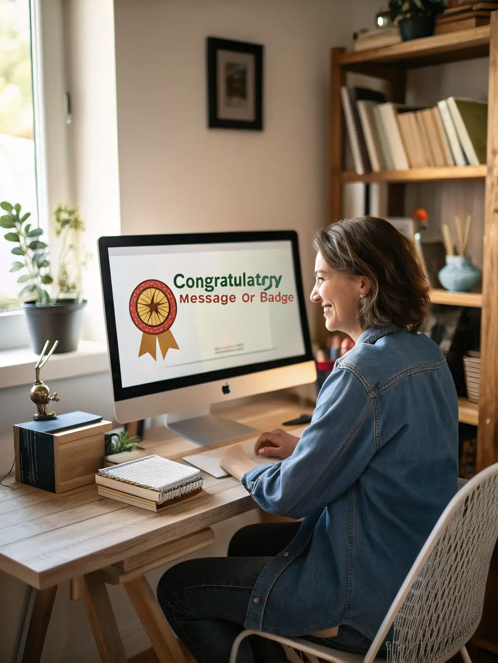 A person is celebrating after receiving a job offer, with a laptop displaying a congratulations message. The background shows a modern office setting.
