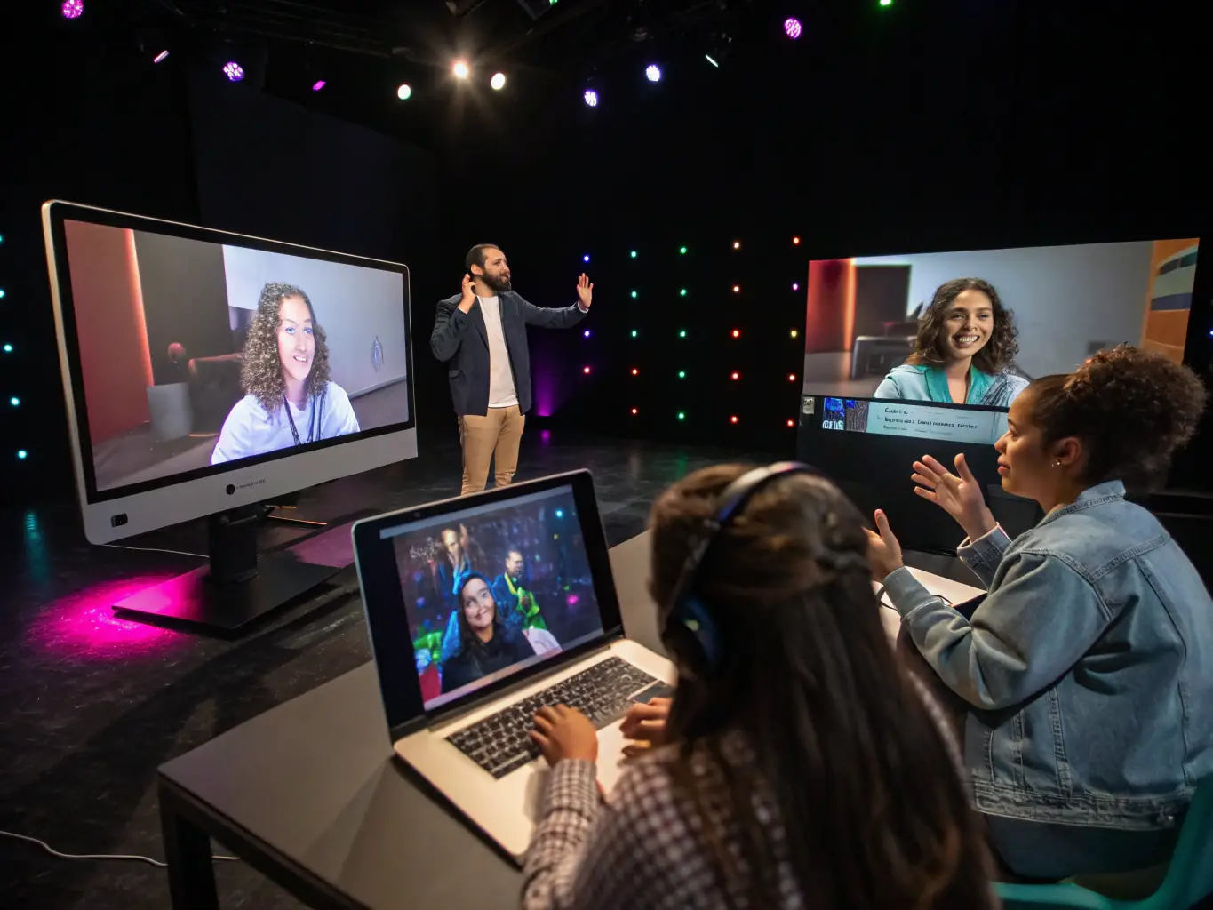 A vibrant image depicting a live online class session with an instructor and several students actively participating, showcasing the interactive learning environment of the IT & Cyber classes.