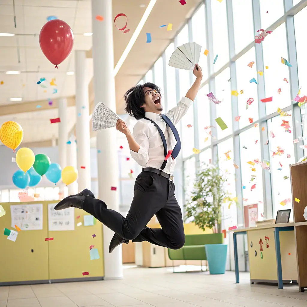 A person celebrating a job offer with a coach, expressing excitement.