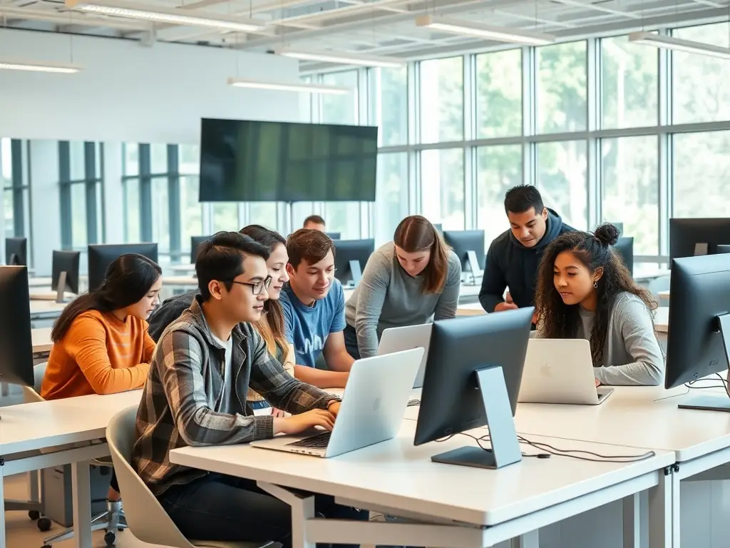A group of students working together on computers in a classroom setting, focused on cybersecurity training.