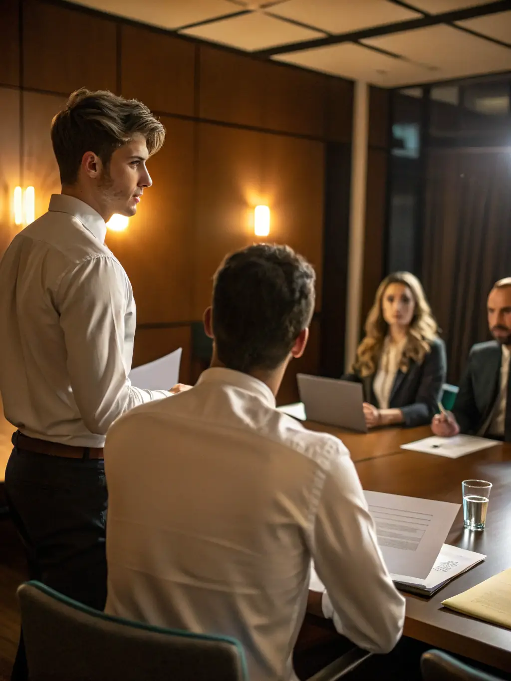 Two candidates participating in a realistic mock interview session, with one candidate actively answering questions.