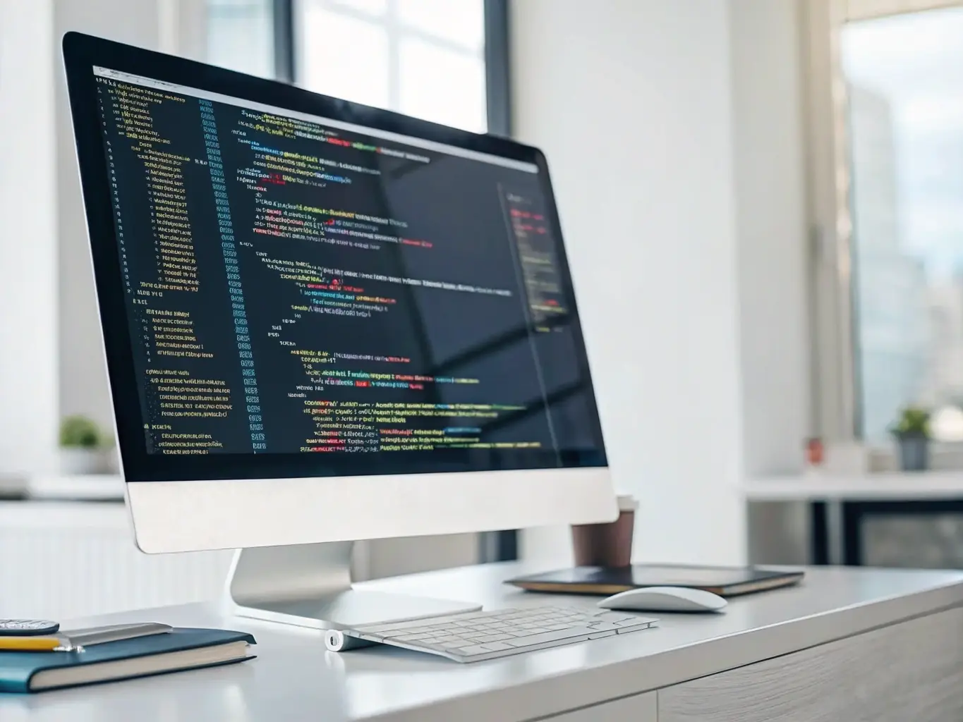 A digital illustration showing a computer screen displaying code updates and new features, with a magnifying glass hovering over it, symbolizing continuous improvement.