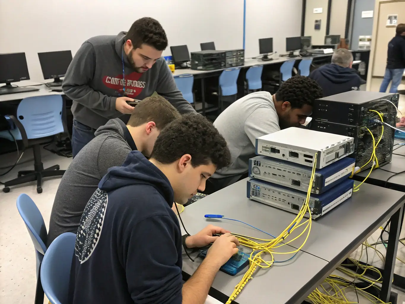 An image of a student working on a complex networking lab setup, highlighting the hands-on experience gained in the IT & Cyber classes.