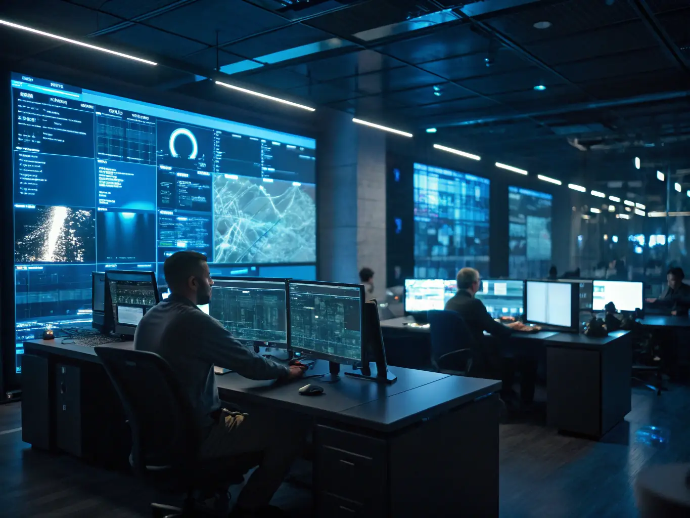 A detailed image showcasing a Security Operations Center (SOC) environment with analysts monitoring dashboards and responding to alerts, emphasizing the real-world application of SOC and Incident Response (IR) skills.