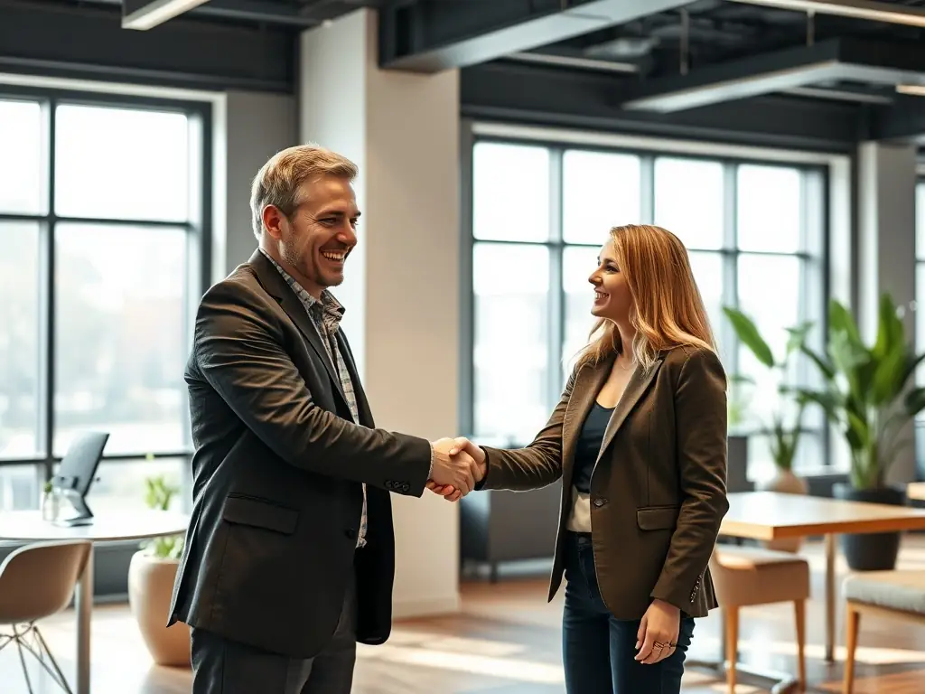 A professional candidate confidently shaking hands with a hiring manager in a modern office setting, symbolizing a successful interview and career advancement.