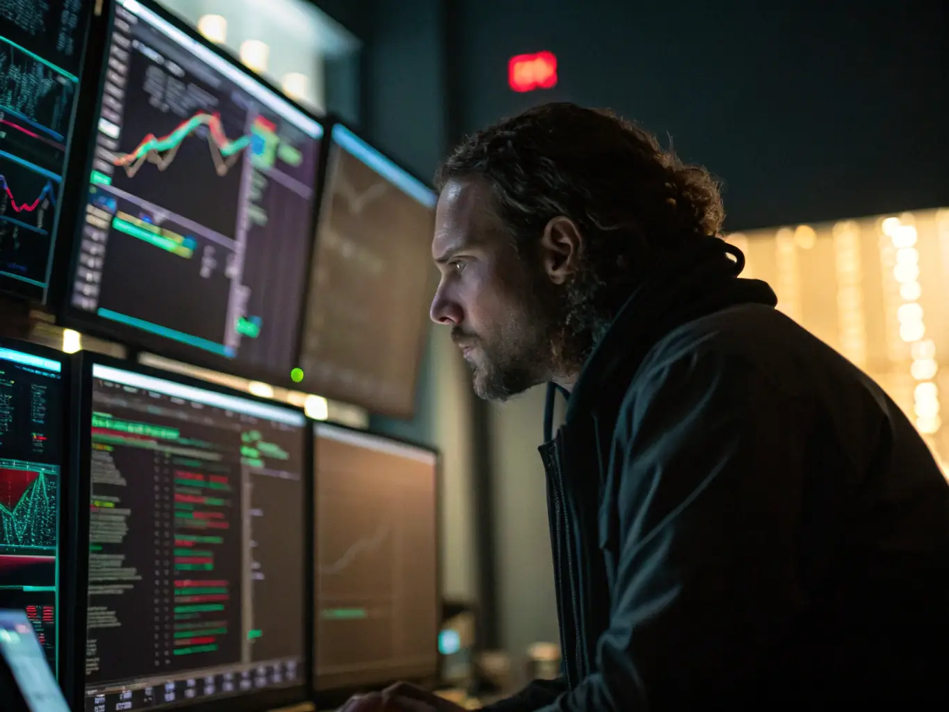 A cybersecurity expert analyzing network traffic on multiple monitors in a dark room.