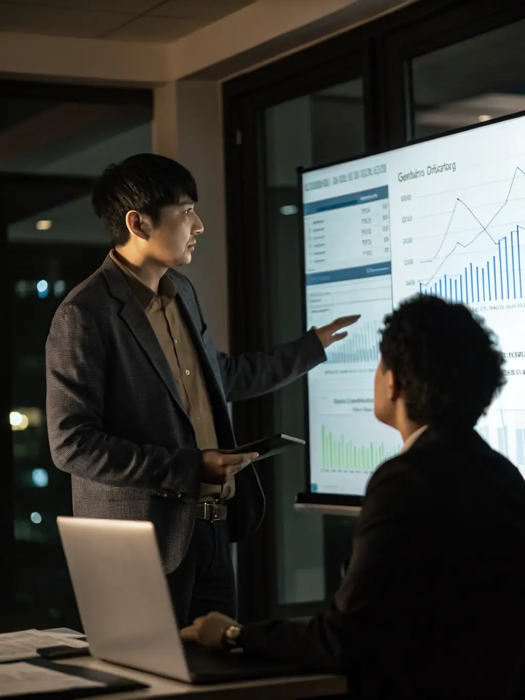 A consultant leading a strategy session with a client, discussing career goals and planning a roadmap for success in the IT field. The setting is a modern office with a whiteboard filled with notes.
