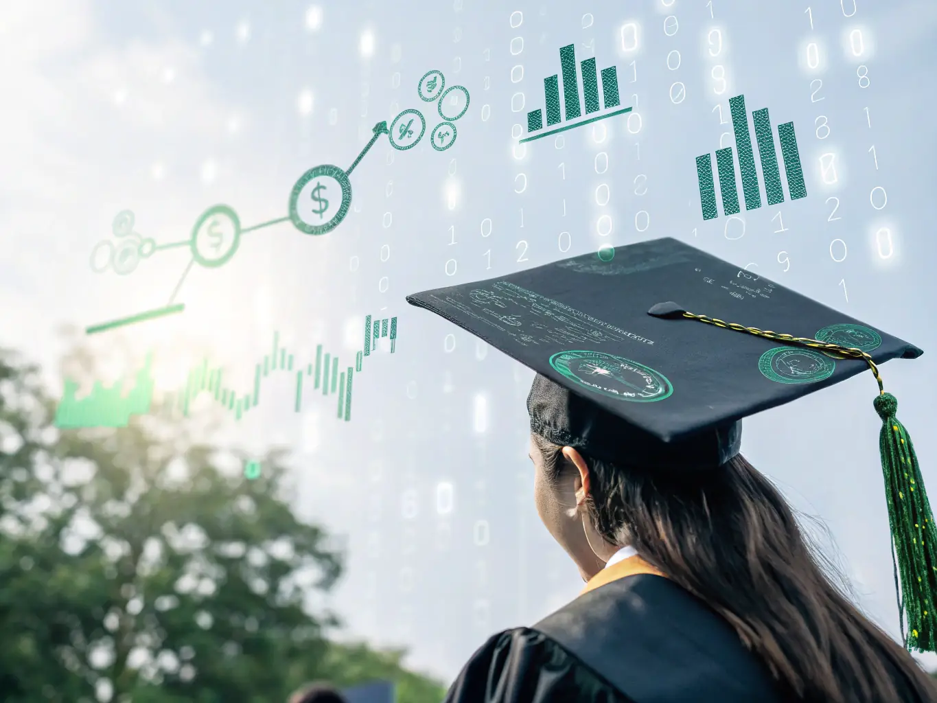 A digital illustration depicting a graduation cap with upward-pointing arrows, symbolizing continuous learning and growth, set against a backdrop of interconnected nodes representing a network.